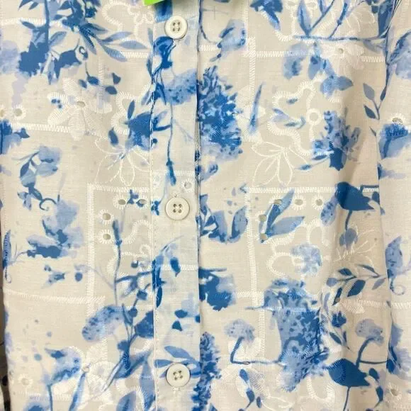 Sam Edelman Floral Embroidered Eyelet Puff Sleeve Mini Shirtdress White Blue, 14 - Picture 4 of 13